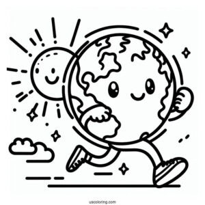 Cartoon Earth Running Coloring Page For Kids