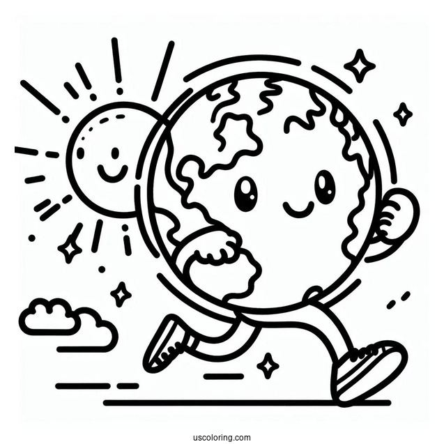 Cartoon Earth Running Coloring Page For Kids