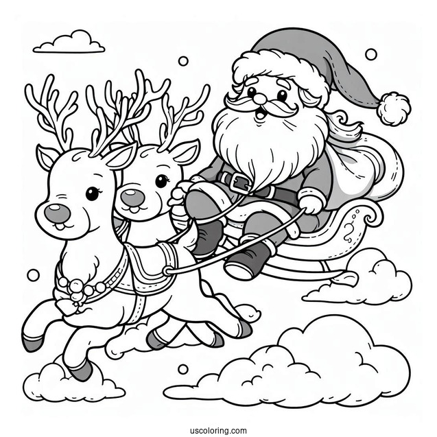 Santa Flying In The Sky With His Reindeer To Color