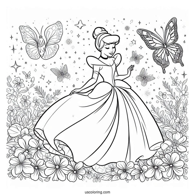 Princess Cinderella Coloring Page With Butterfly Background