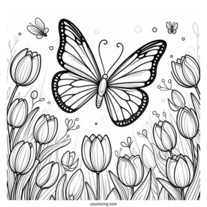 Butterfly Flying Over Field Of Tulips