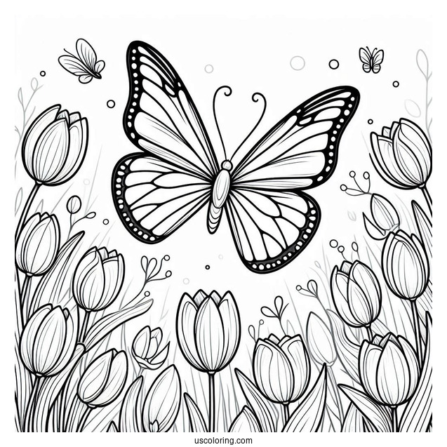 Butterfly Flying Over Field Of Tulips