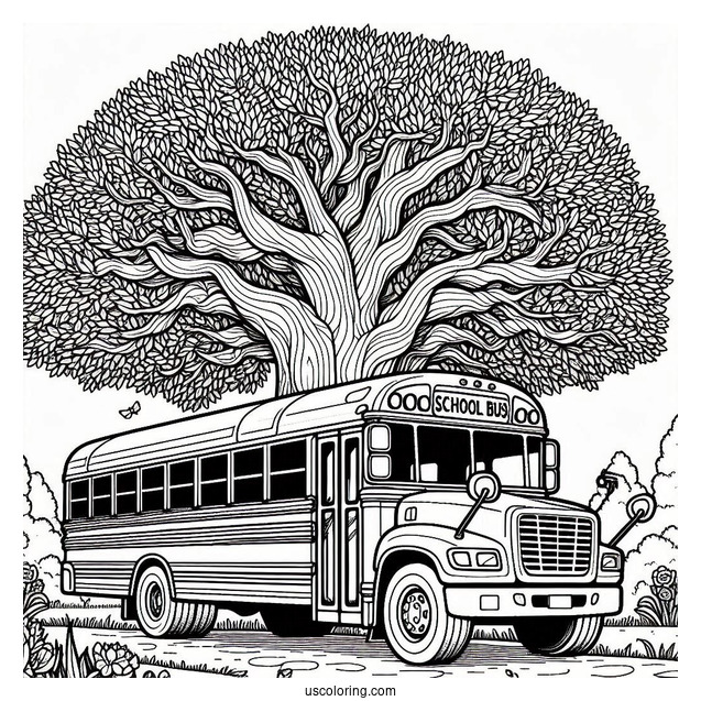 School Bus Coloring Page Parked In Front Of A Massive Tree