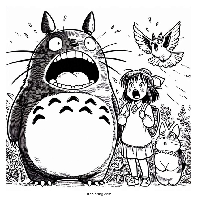 Studio Ghibli Coloring Page of Totoro, Catbus, Mei, And Satsuki Screaming