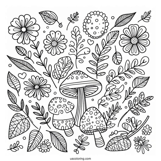 Flowers And Mushrooms Pattern Coloring Page