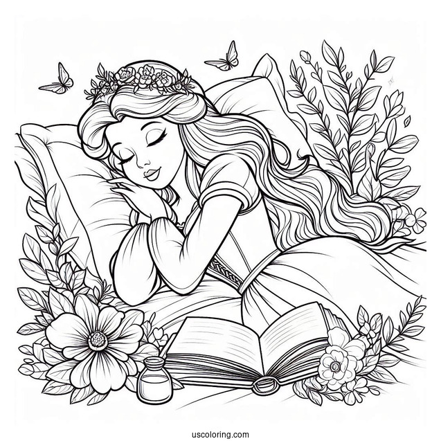 Sleeping Beauty Coloring Page Of Fairy Godmothers Flora, Fauna, And Merryweather Beside Sleeping Beauty
