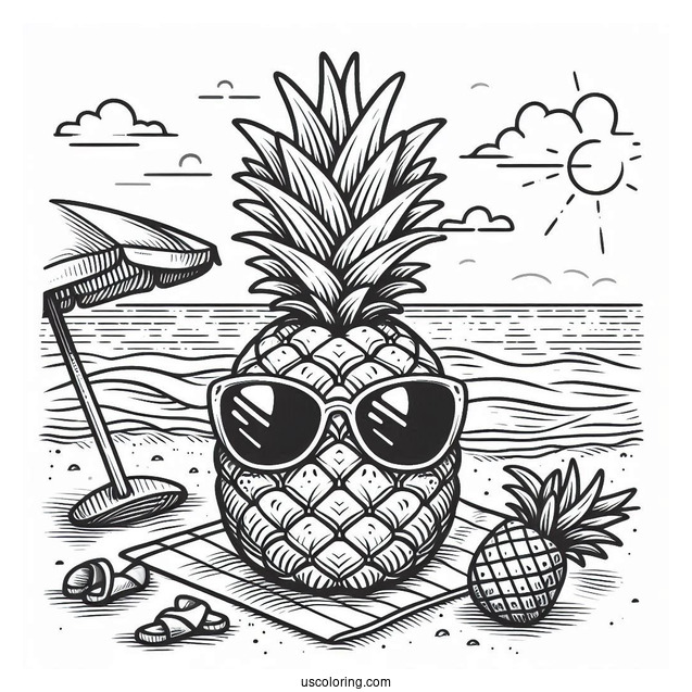 Pineapple Wearing Sunglasses On Beach Coloring Page