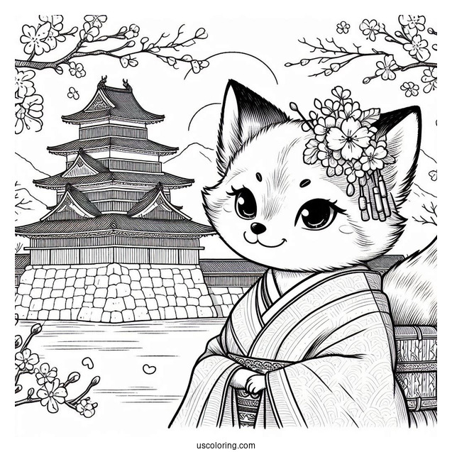 Fox Coloring Page in Kimono In Front Of Japanese Castle