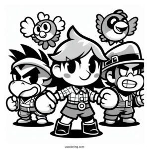 Brawl Stars Coloring Page Of Shelly, Spike, Pam, Piper, Rico, And Crow In A Brawl