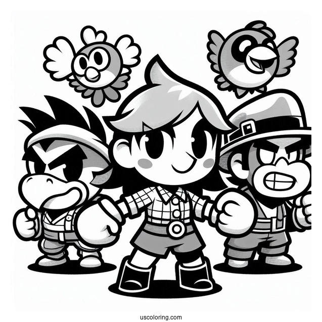 Brawl Stars Coloring Page Of Shelly, Spike, Pam, Piper, Rico, And Crow In A Brawl