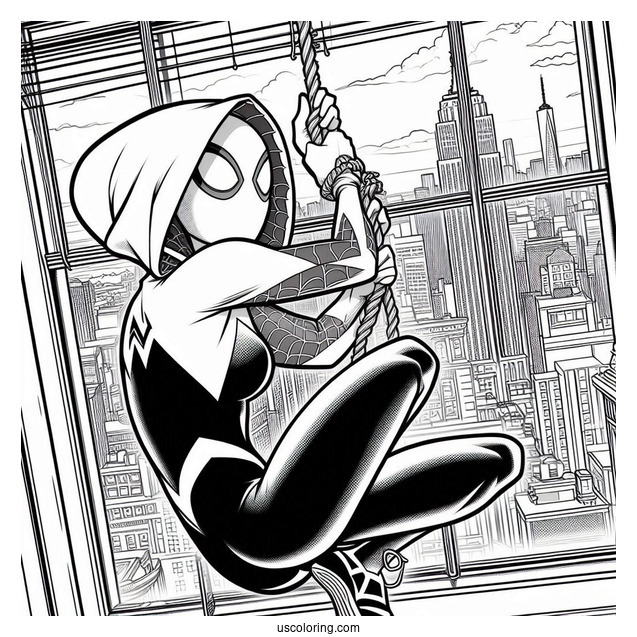 Spider-Gwen Coloring Page Swinging Out Of A Window In Spider Man Multiverse