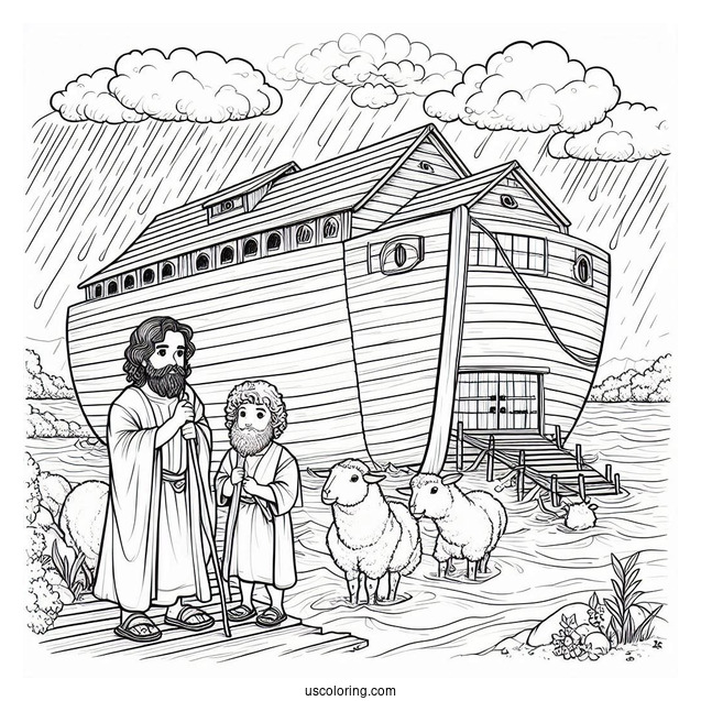 Noah's Ark Coloring Page Of Building The Ark With His Sons