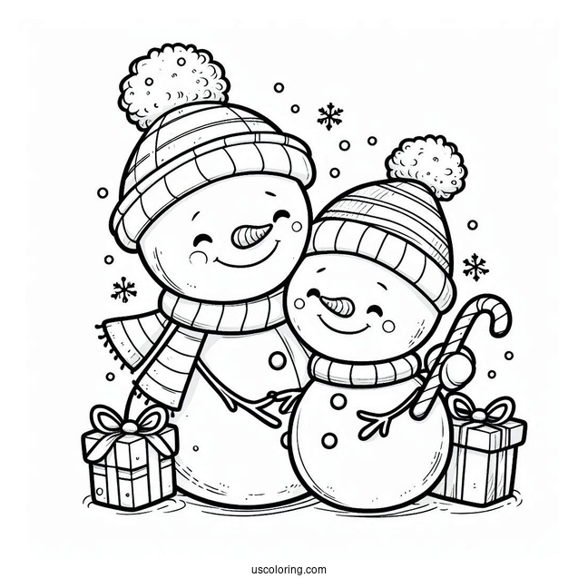 Two Cute Snowmen Hudgging Coloring Sheet