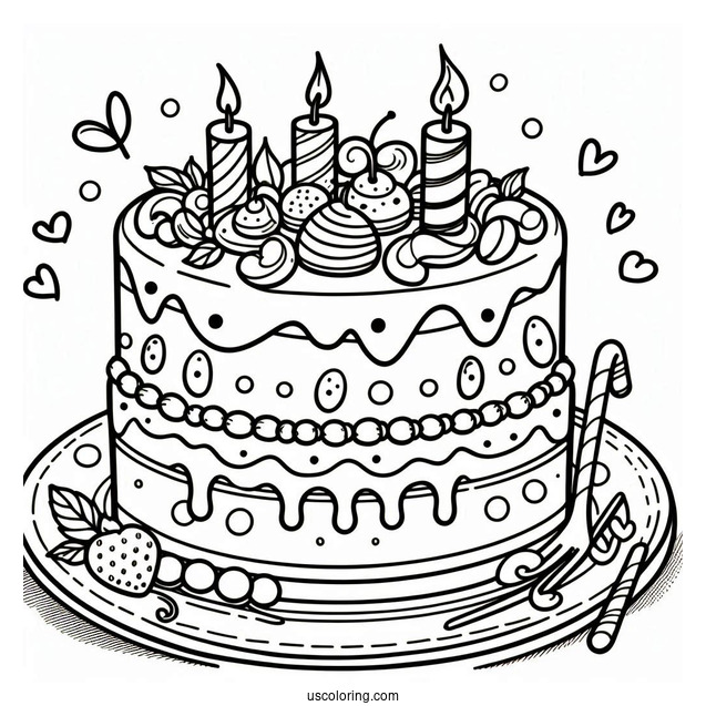 Cartoon Birthday Cake Coloring In For Kids