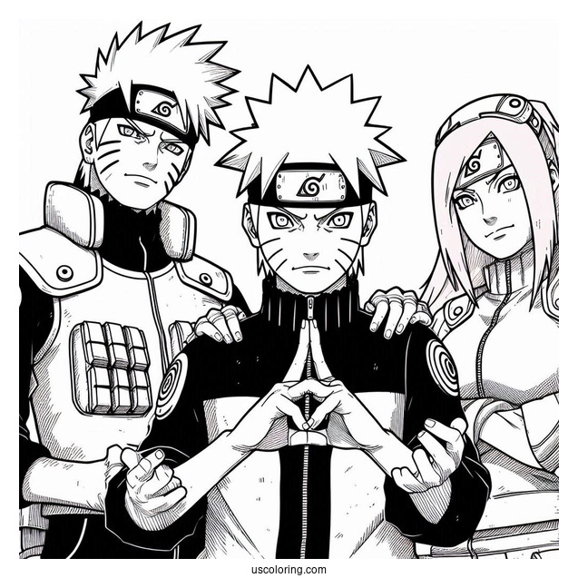 Naruto Coloring Page of Team Seven With Kakashi, Iruka, And Third Hokage
