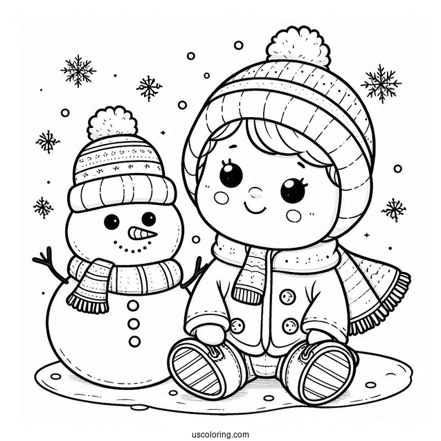Baby Coloring Page In Winter Clothes Sitting Next To A Snowman