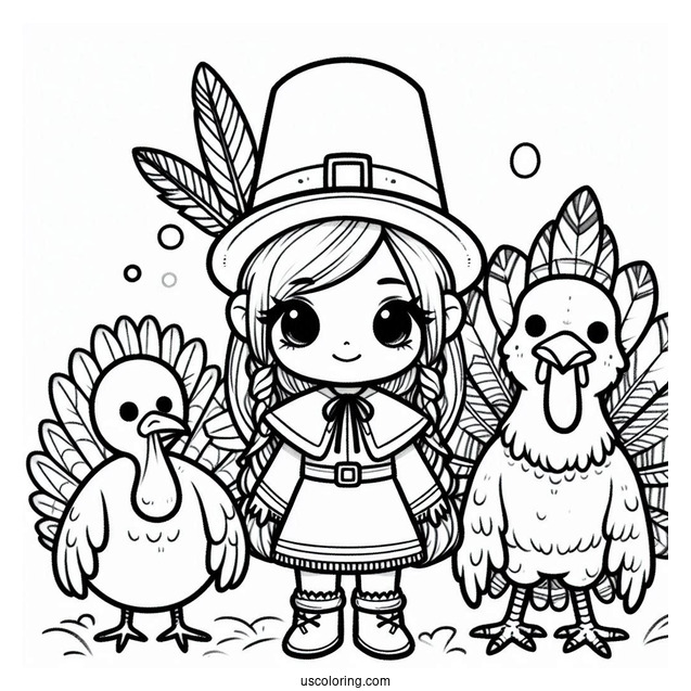 Chibi Pilgrim Coloring Page With Native Americans And A Turkey