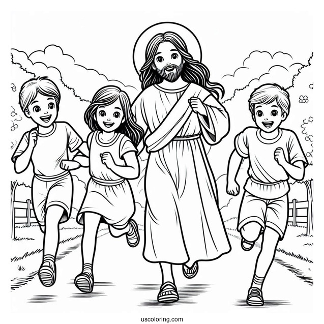 Kids Running To Jesus Coloring Page