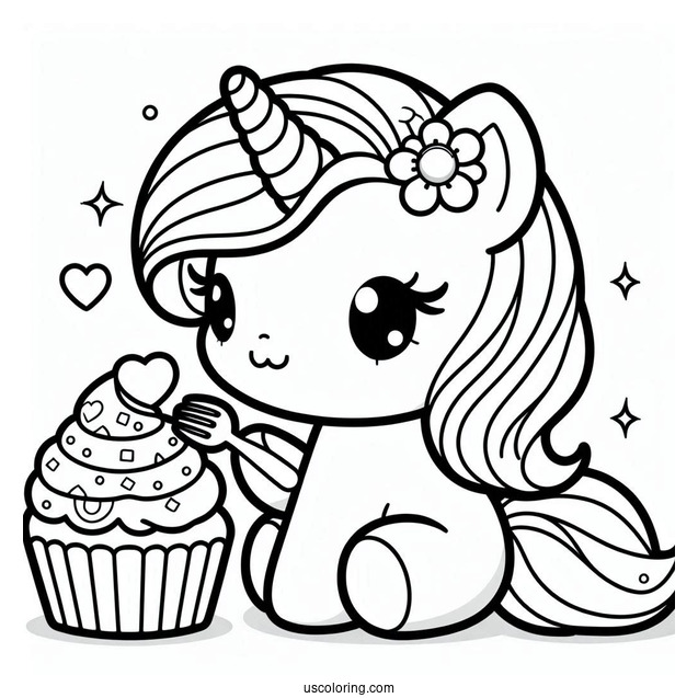 Unicorn My Melody Coloring Page Eating Cupcake