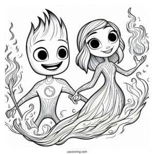 Pixar Coloring Page of Ember Lumen And Wade Ripple From Elemental