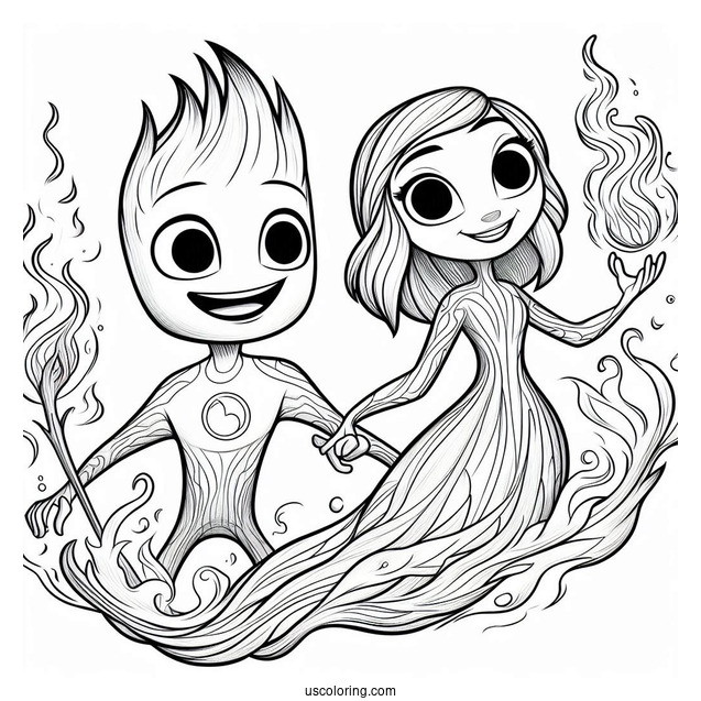 Pixar Coloring Page of Ember Lumen And Wade Ripple From Elemental