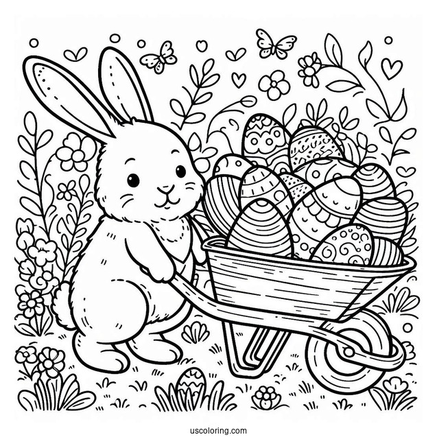 Easter Coloring Page Of Rabbit Pulling Wheelbarrow Full Of Easter Eggs