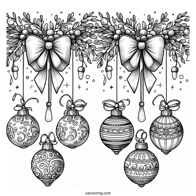 Bulbs Hanging From Mistletoes With Bows Christmas Ornaments Coloring Page