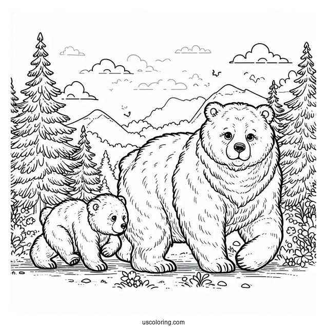Mama Bear Coloring Page Walking With Her Two Cubs In Forest