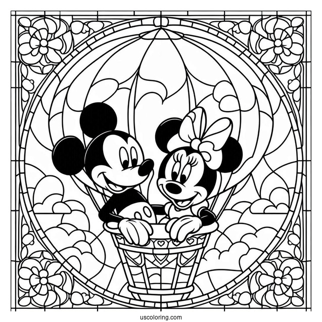 Mickey And Minnie Mouse On A Hot Air Balloon Stained Glass Coloring Page