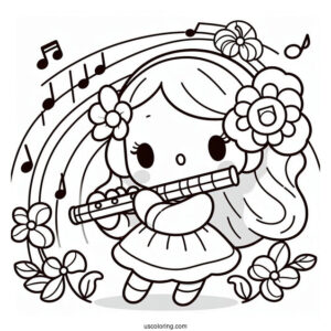 My Melody Coloring Page Playing Flower Flute While Rhythm Sings