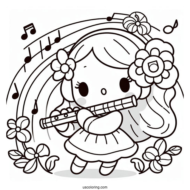 My Melody Coloring Page Playing Flower Flute While Rhythm Sings
