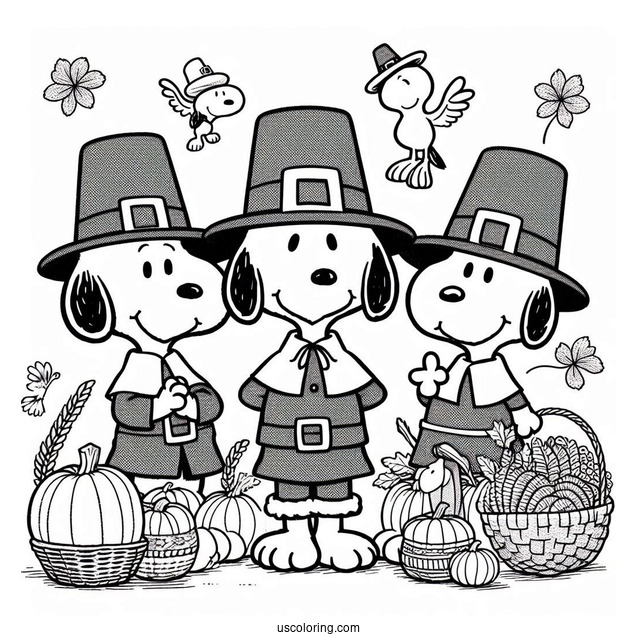 Snoopy And Friends Pilgrim Coloring Page Celebrating Thanksgiving