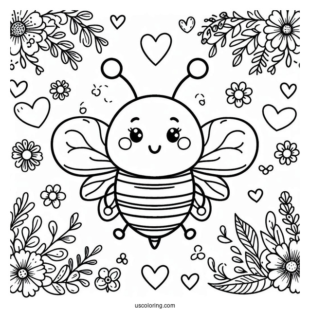 Adorable Bee Coloring Page With Love Heart And Floral Background