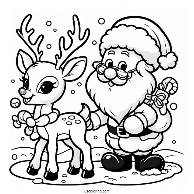 Cartoon Rudolph Coloring Page With Santa Claus In The Snow