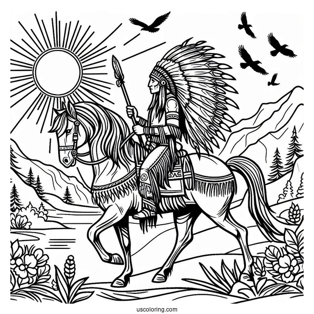 Native American Coloring Page Chief Riding Horse With Sun In The Background