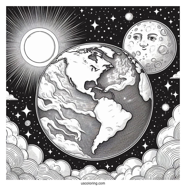 Realistic Earth With Sun And Moon In Outer Space Coloring Sheet