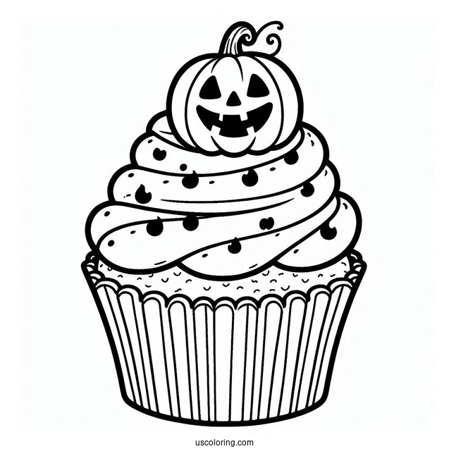 Coloring Page Of Halloween Cupcake With Jack O Lantern