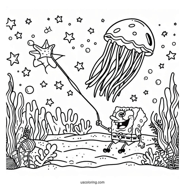 Patrik Catching Jellyfish Coloring Page For Kids