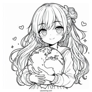 Beautiful Anime Girl Holding The Earth Coloring Page