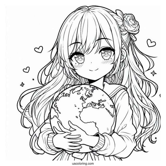Beautiful Anime Girl Holding The Earth Coloring Page