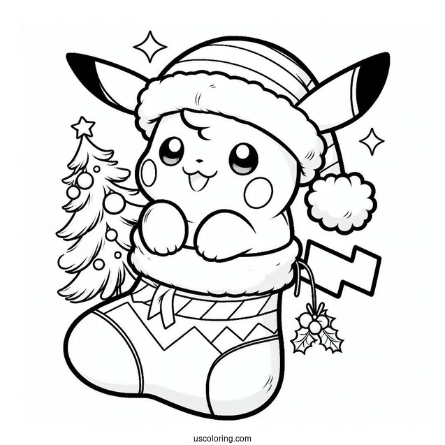 Pokemon Christmas Coloring Page Kawaii Pikachu Inside A Christmas Stocking For Kids
