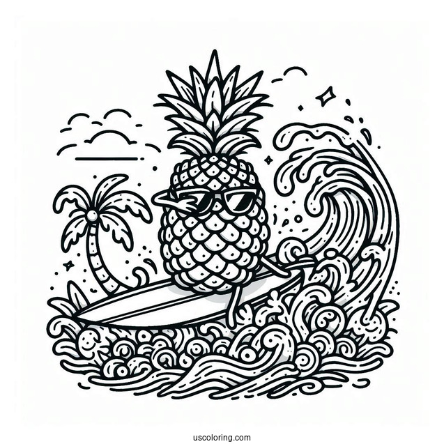 Surfing Pineapple Coloring Page Riding a Giant Wave For Kids