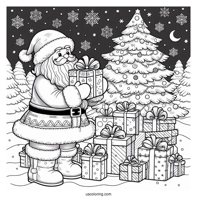 Santa Putting Gifts Under The Tree While Snowing