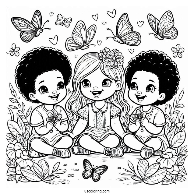 Three Children Enjoying The Butterflies