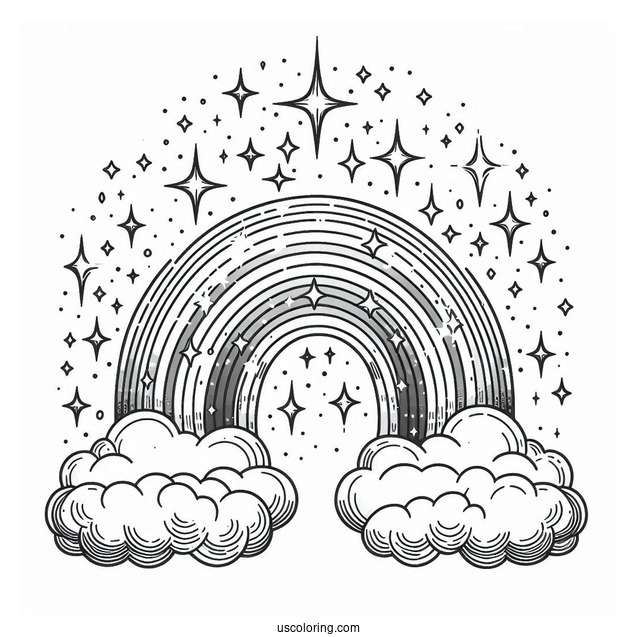 Sparkling Rainbow In Cloudy Sky Coloring Sheet