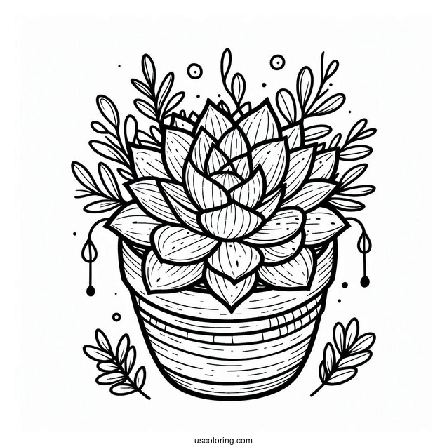 Simple Succulent Coloring Page In A Round Flower Pot For Kids