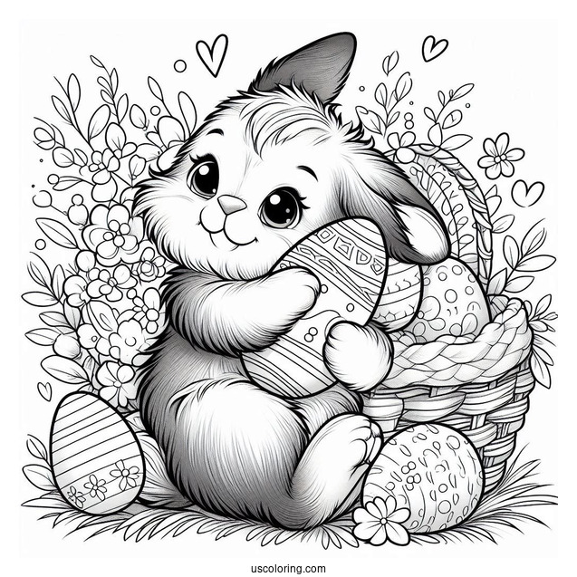 Furry Easter Bunny Coloring Page Hugging Easter Eggs