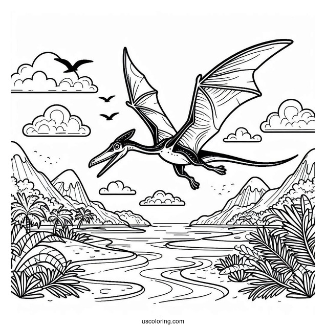 Detailed Pterodactyl Coloring Page Flying Over Island