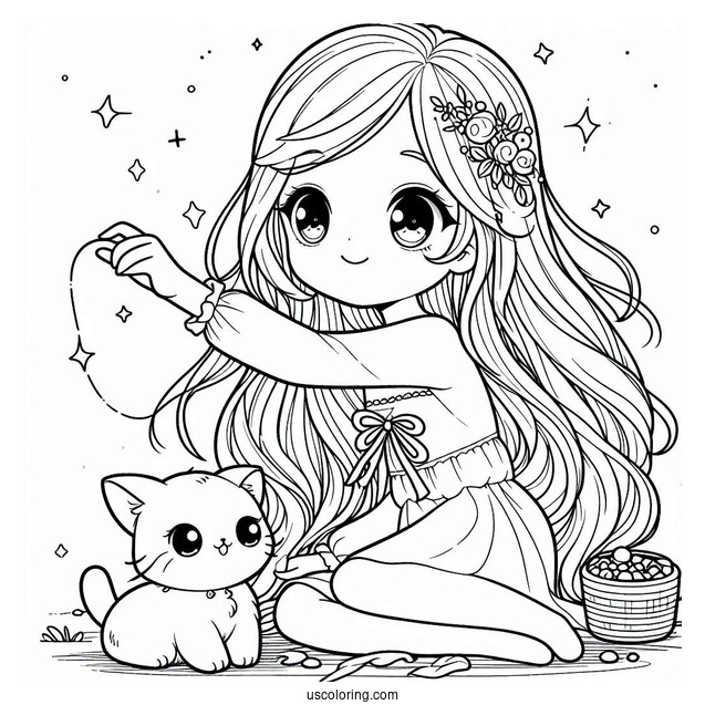 Cute Coloring Page Of Pretty Girl Playing With A Cat