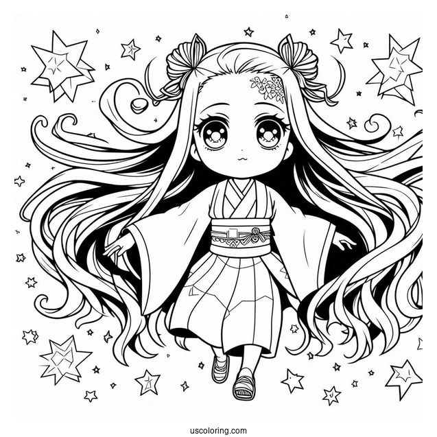 Nezuko Coloring Page In The Air With Stars